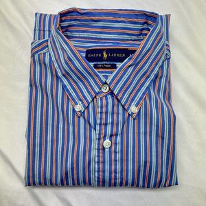 Polo Ralph Lauren Men's Medium Button Up Purple Orange Bar Stripe 120's Poplin